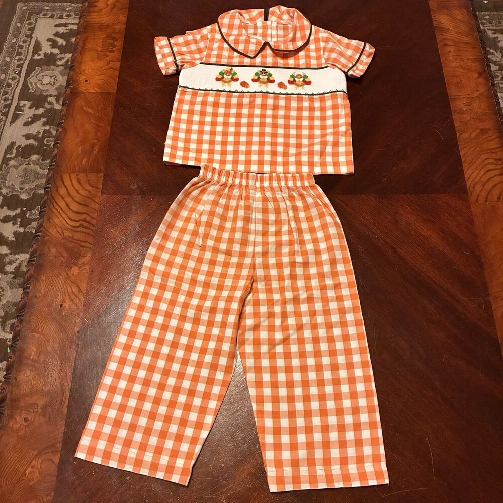 Fall Thanksgiving Little Boys Smocked 2 Piece Checked Outside W/ Turkeys Sz 4T